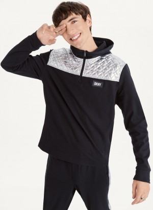 Black Dkny Silver Contrast 1/2 Zip Men's Hoodie | V7019404